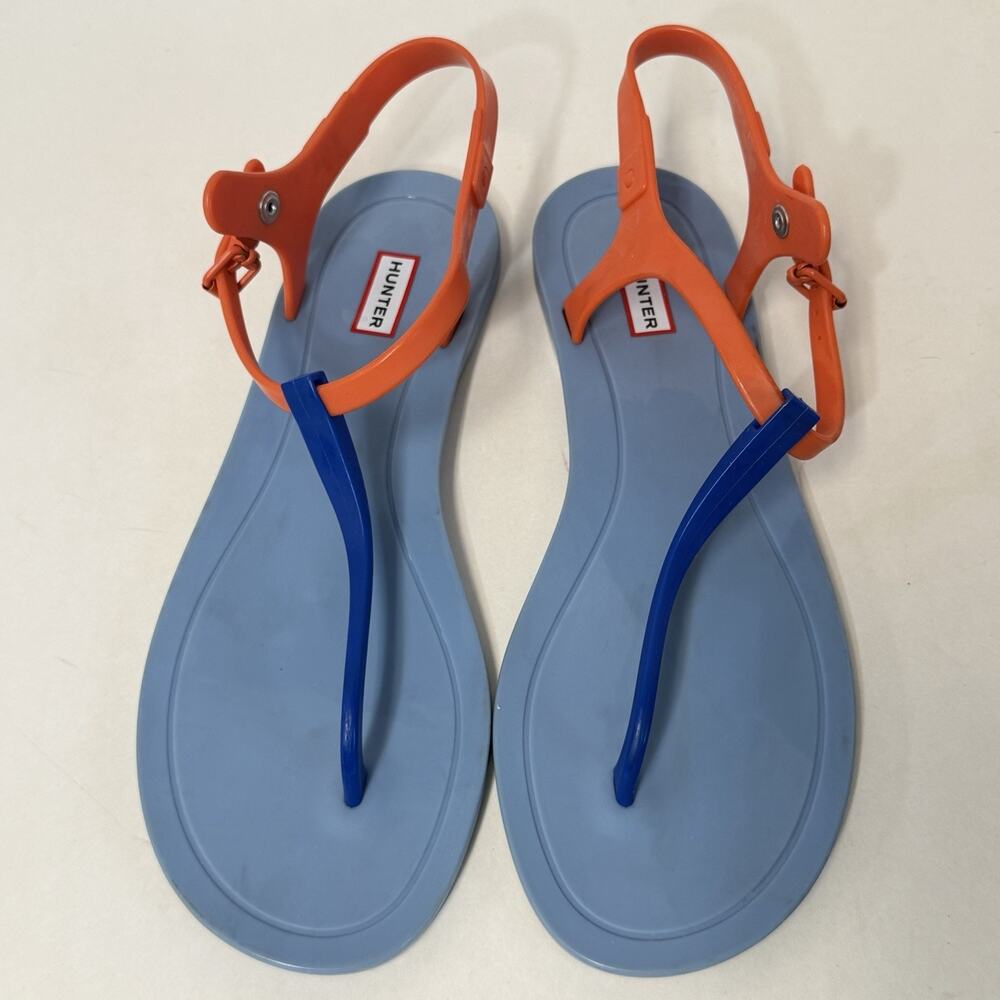 Hunter Womens Size 8 T Strap Sandals Blue Orange Thong Flat Jelly Rubber Shoes